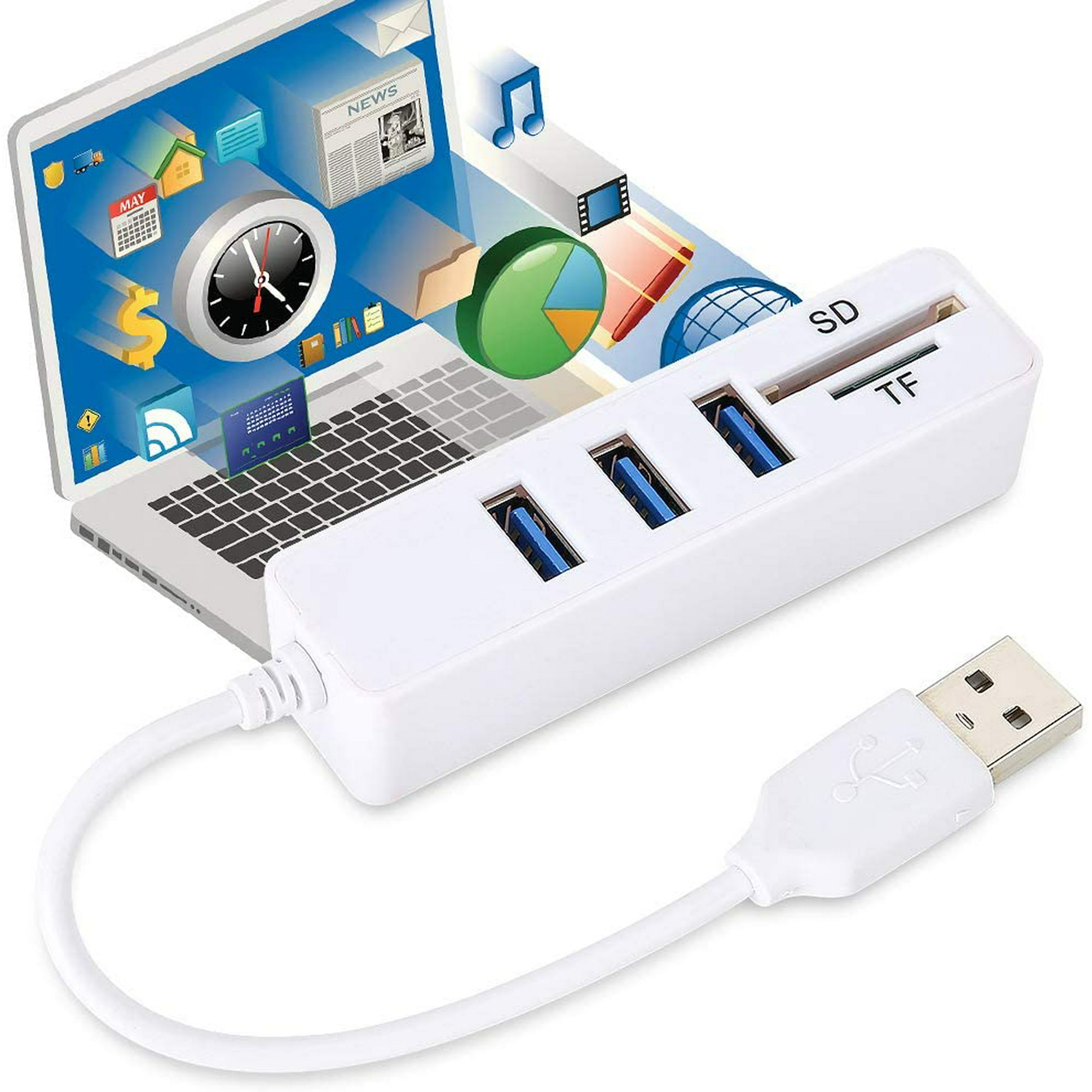 Portable USB Hub for XP/for Mac 7/8/ Vista etc Support for Micro SD/T‑Flash SD/SDHC/SDXC Reader 480Mbps High Speed Splitter with 3 USB2.0 Port and SD TF Port 